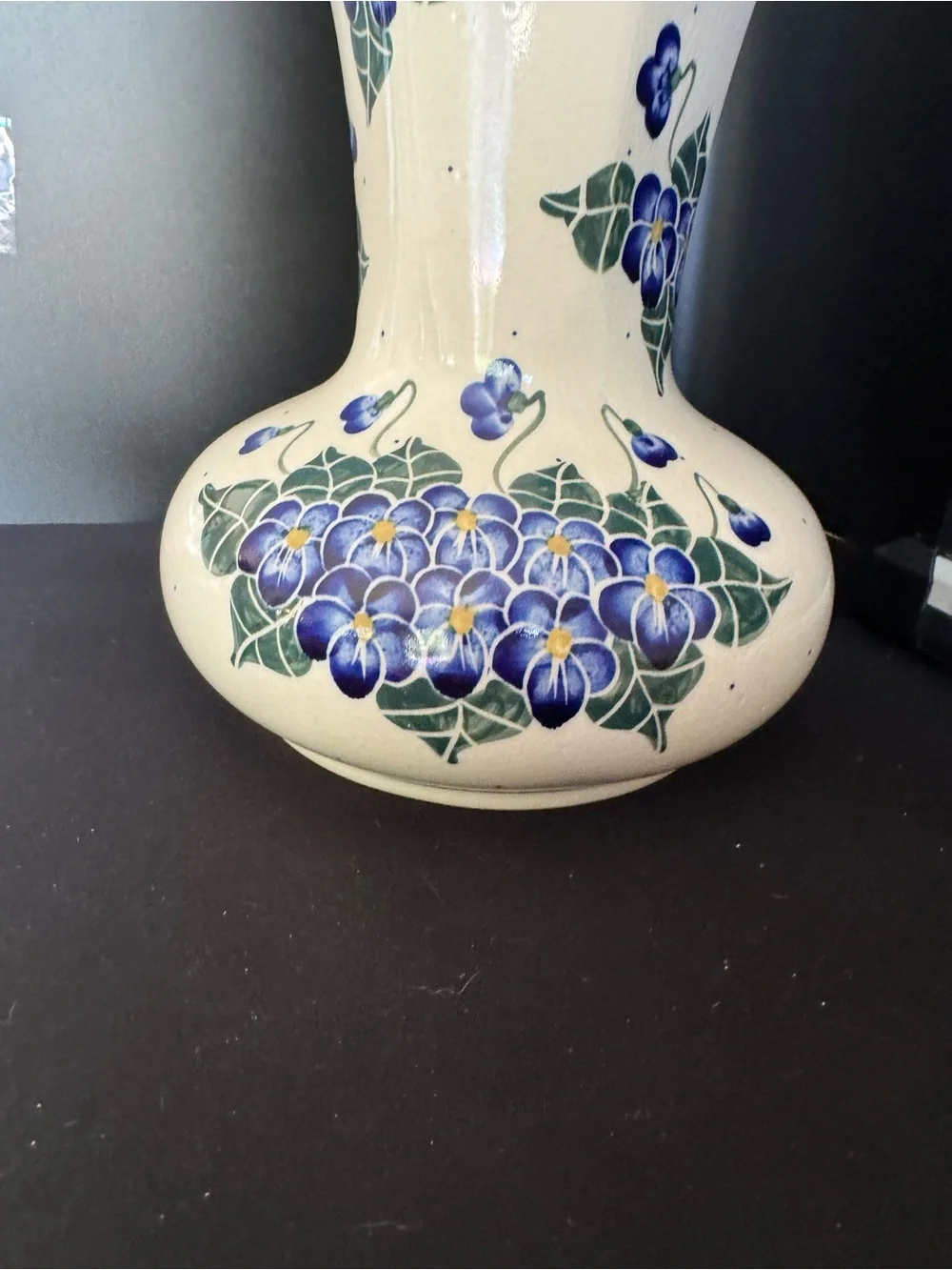 W R Unikat Polish Pottery Vase Blue Flowers and Greenery Crazing
